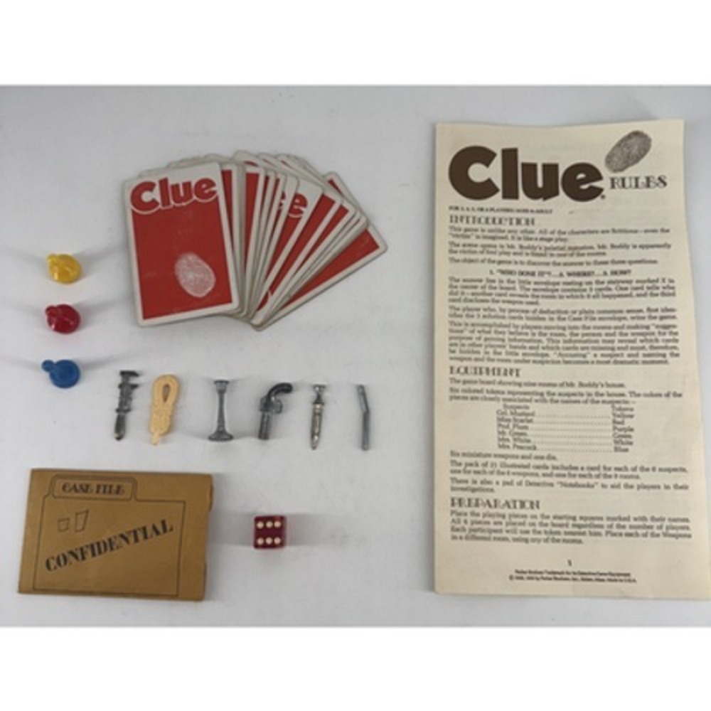 Clue Board Game Replacement Pieces Lot Case File, 3 Pawns, 6 Weapons, Cards 1972